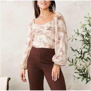 ACOA Floral Print Open Back Top Adjustable Beige Jaquard Chiffon Party Women XL